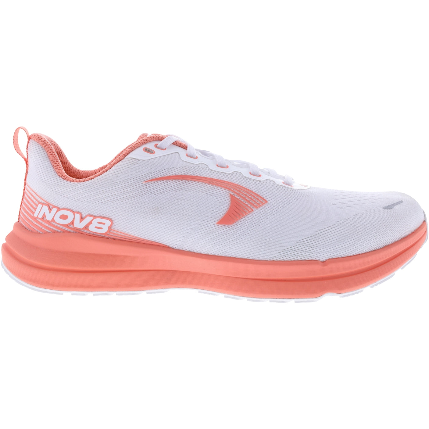 Side view on white background of Womens Inov8 Roadfly Zero running shoe in White/Coral, Wide width