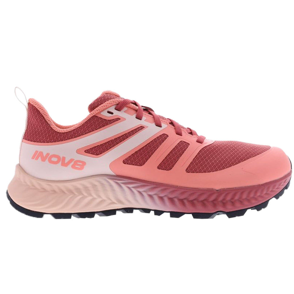 Side view on white background of Womens Inov8 TrailFly running shoe in Dusty Rose/Pale Pink, Medium (Regular) width