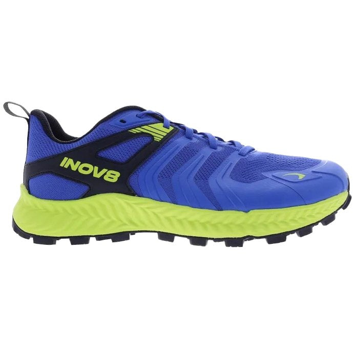 Side view on white background of Mens Inov8 Trailtalon running shoe in Blue/Black/Lime, Medium (Regular) width