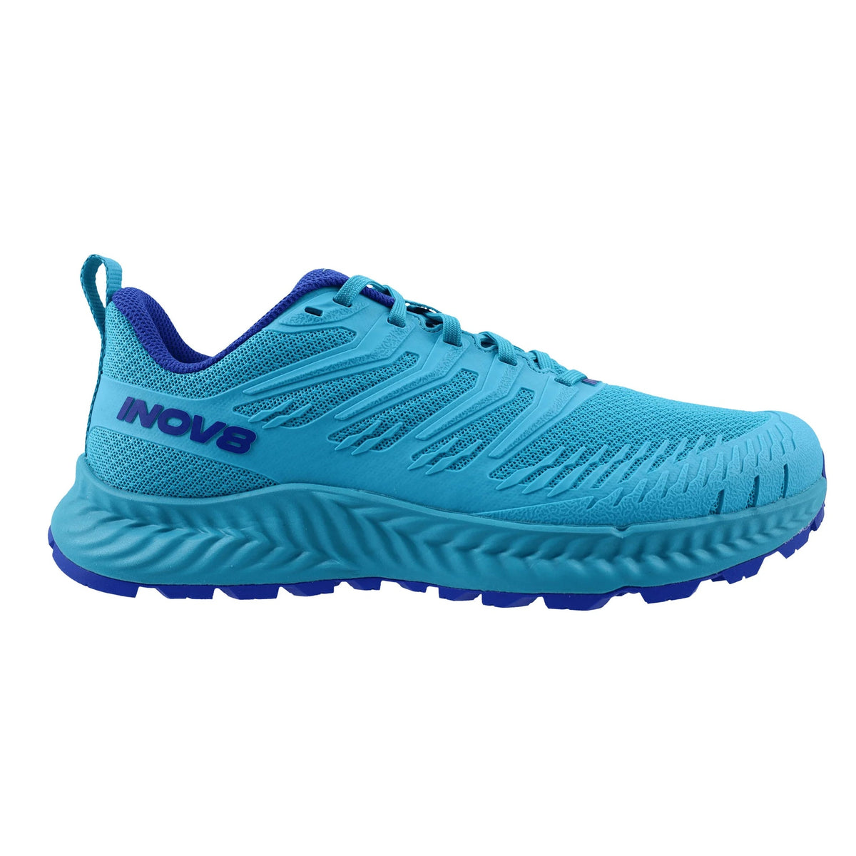 Side view on white background of Womens Inov8 Trailfly V2 running shoe in Teal, Wide width
