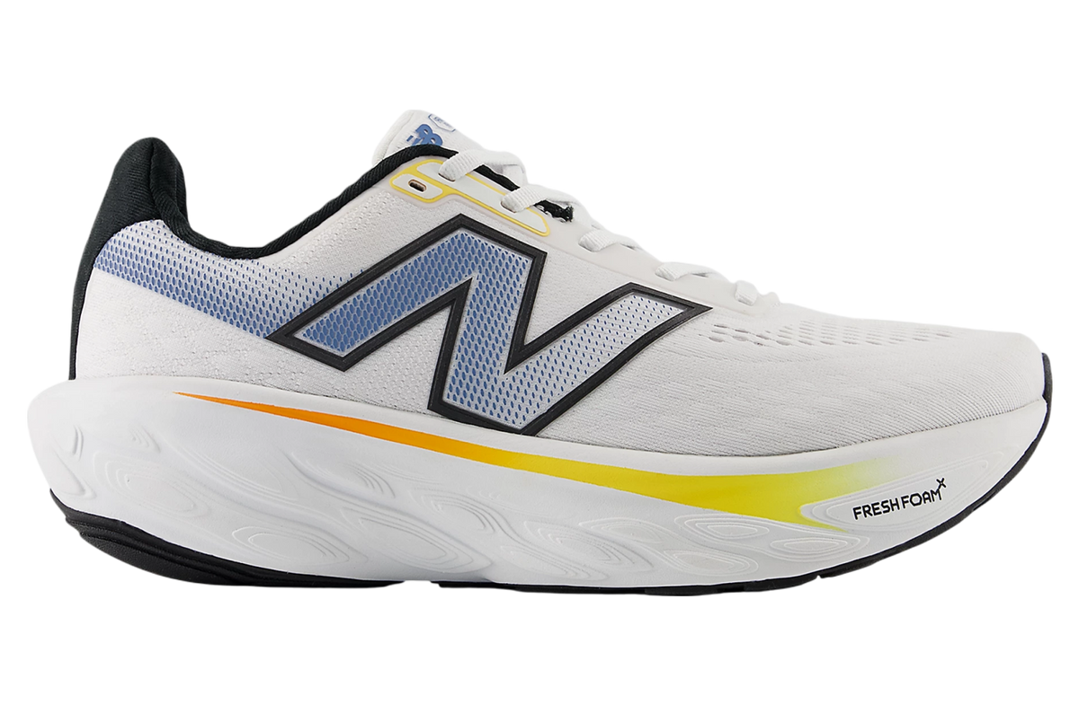 Side view on white background of Mens New Balance Fresh Foam X 1080v14 running shoe in White/Black/Sea Stone, Wide width