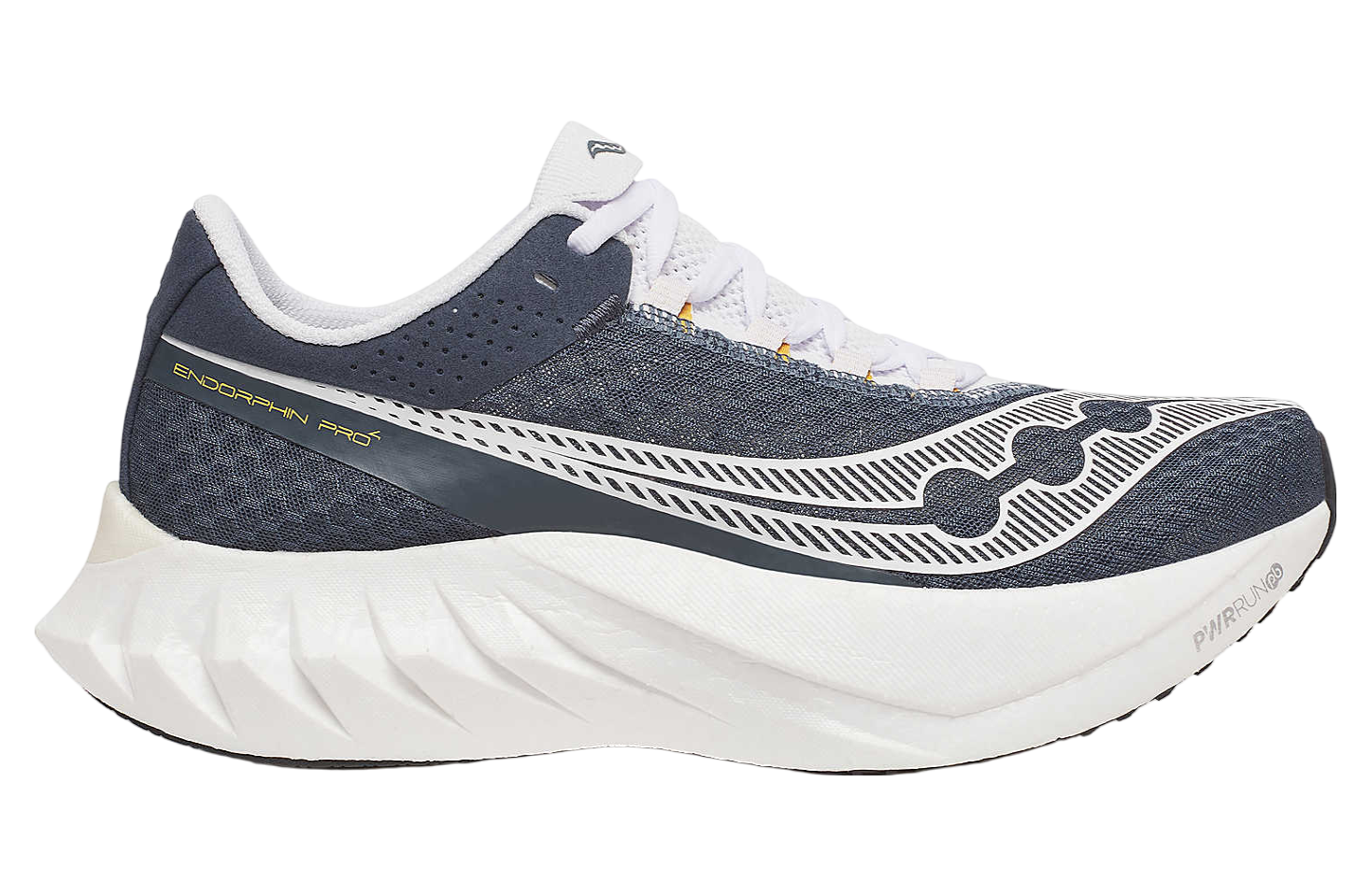 Side view on white background of Mens Saucony Endorphin Pro 4 running shoe in Dusk/White, Medium (Regular) width