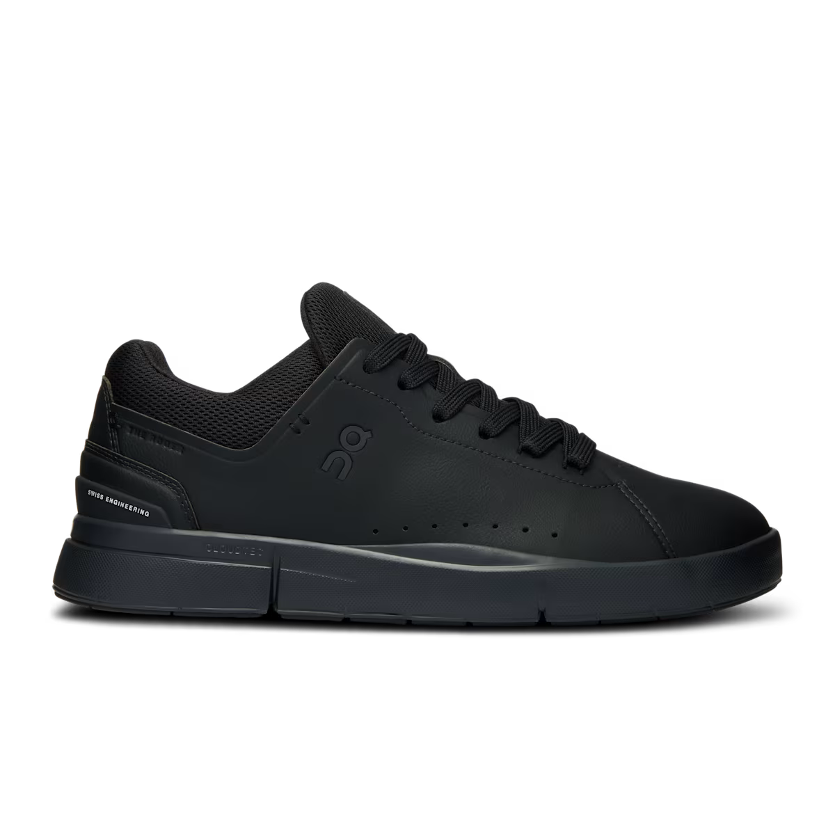 Side view on white background of Womens On The Roger Advantage running shoe in All Black, Medium (Regular) width