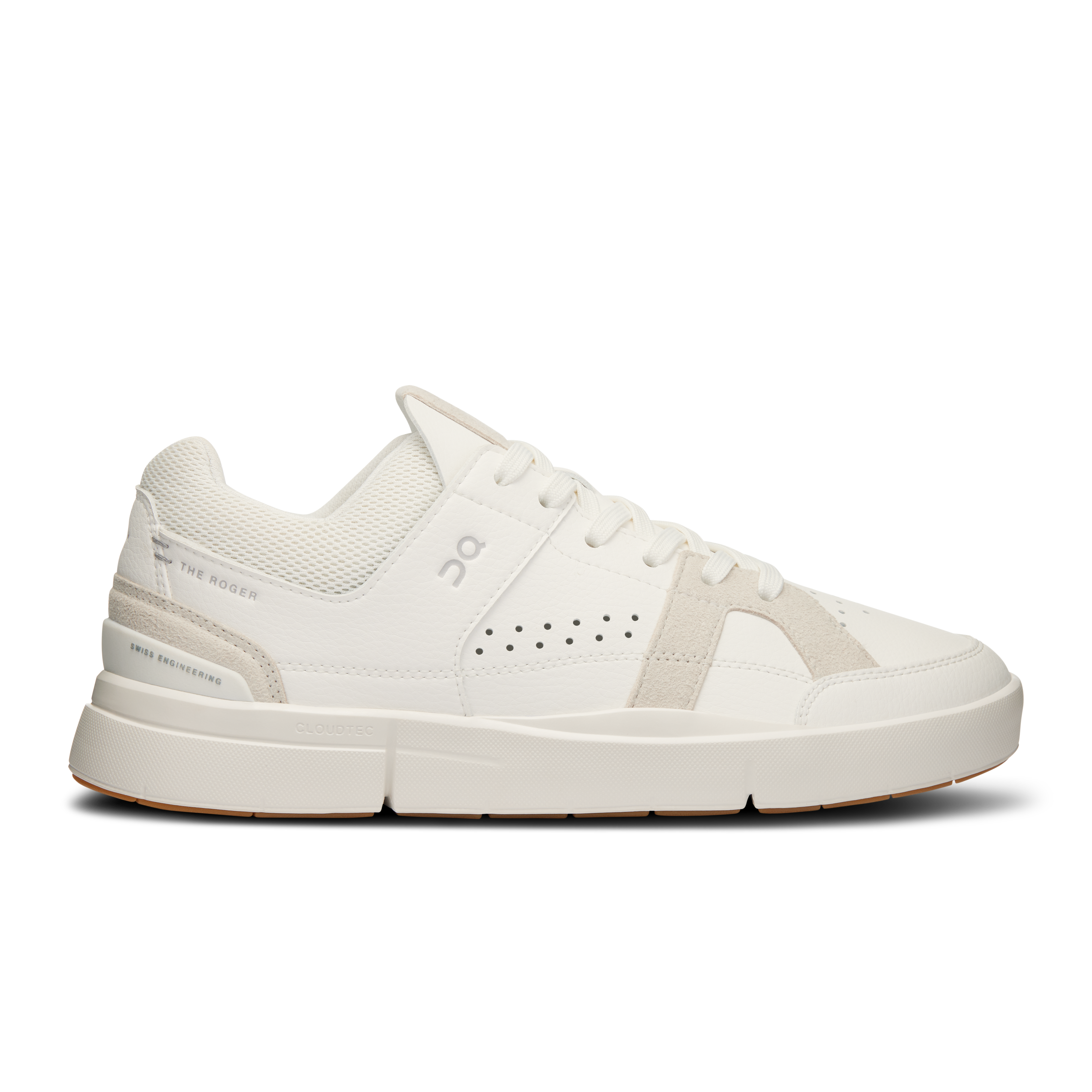 Side view on white background of Womens On The Roger Clubhouse 2 running shoe in White/Sand, Medium (Regular) width