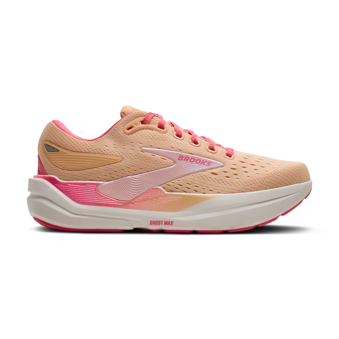 Side view on white background of Womens Brooks Ghost Max 3 running shoe in Peach/Pink/Sugar, Medium (Regular) width