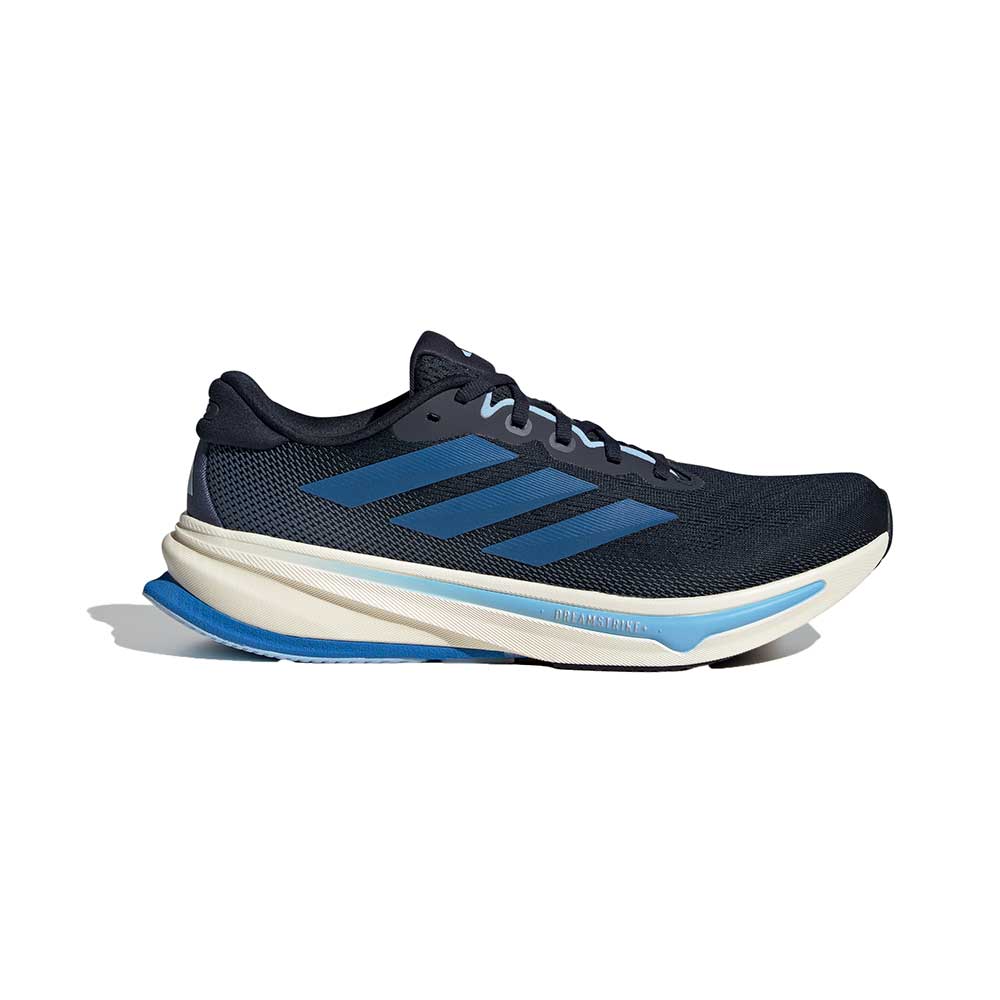 Side view on white background of Mens Adidas Supernova Rise 2 running shoe in Legend Ink/Bright Royal/Clear Sky, Medium (Regular) width