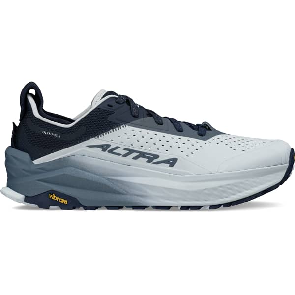 Side view on white background of Mens Altra Olympus 6 running shoe in Dark Blue, Medium (Regular) width