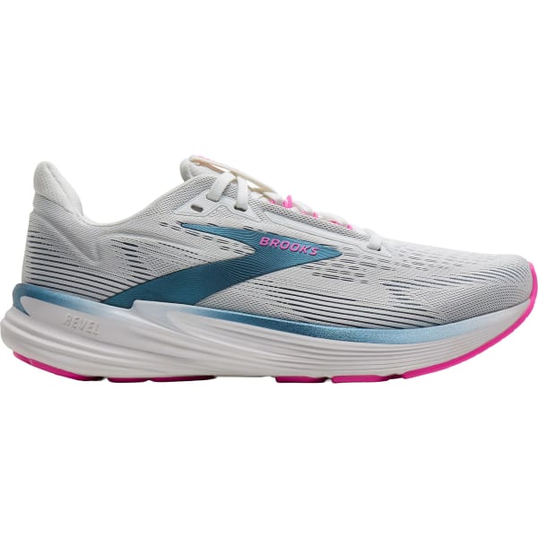Side view on white background of Womens Brooks Revel 8 running shoe in White/Moonlight/Pink, Medium (Regular) width
