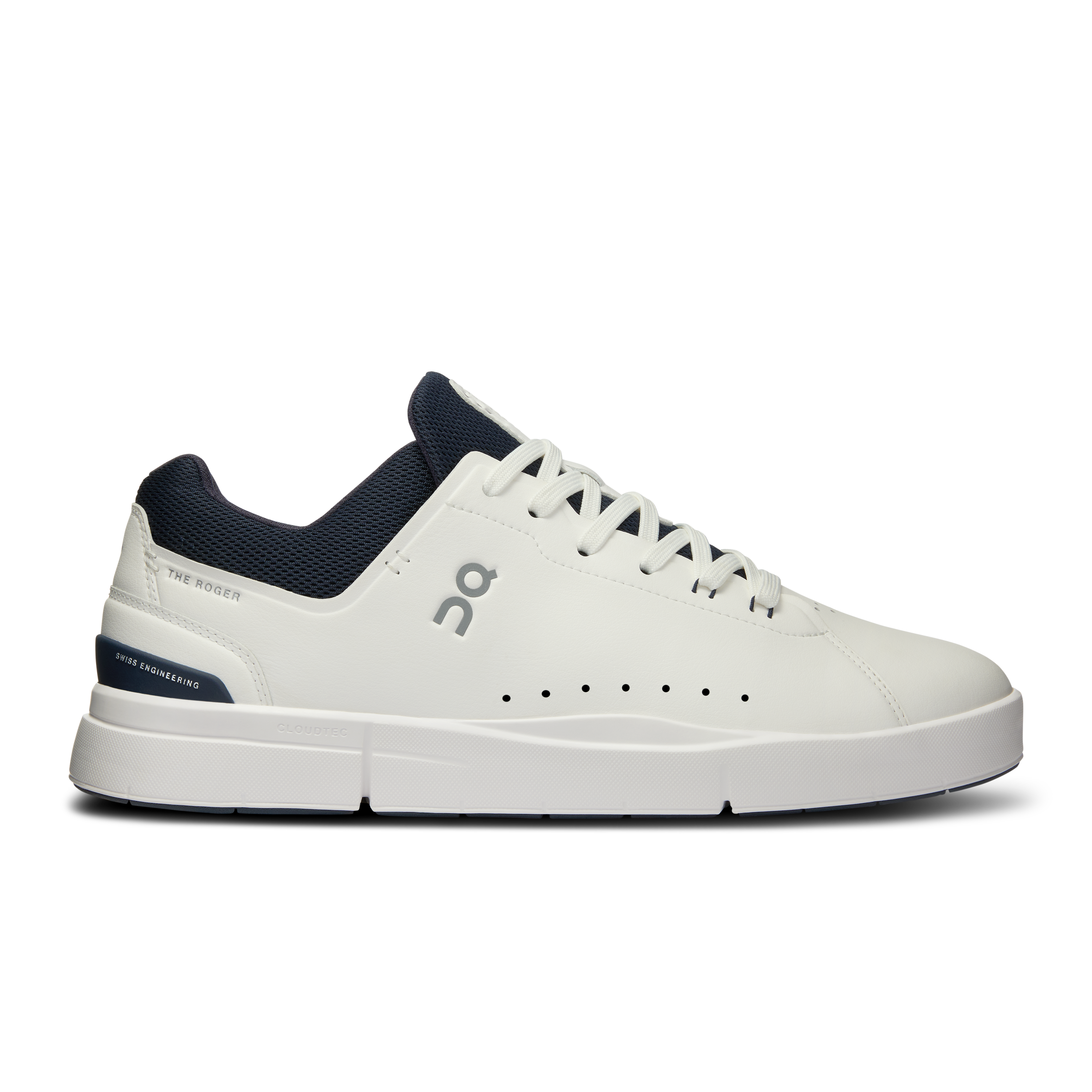 Side view on white background of Mens On The Roger Advantage 2 running shoe in White/Midnight, Medium (Regular) width