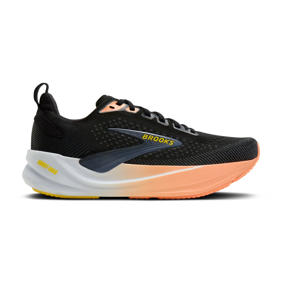 Side view on white background of Womens Brooks Ghost Max 4 running shoe in Black/Folkstone/Cyber Peach, Medium (Regular) width