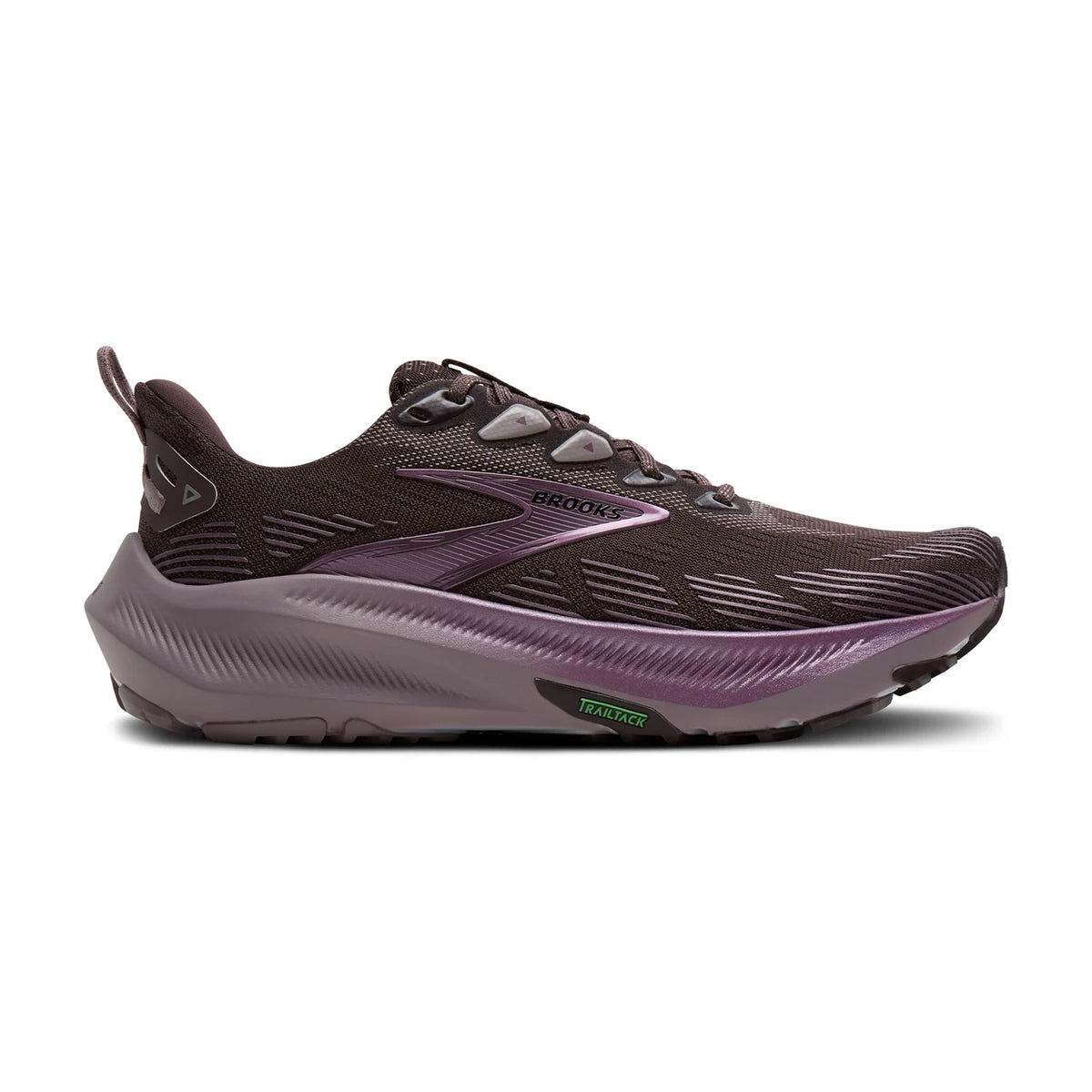 Side view on white background of Womens Brooks Ghost Trail running shoe in Raisin/Purple/Metallic, Medium (Regular) width