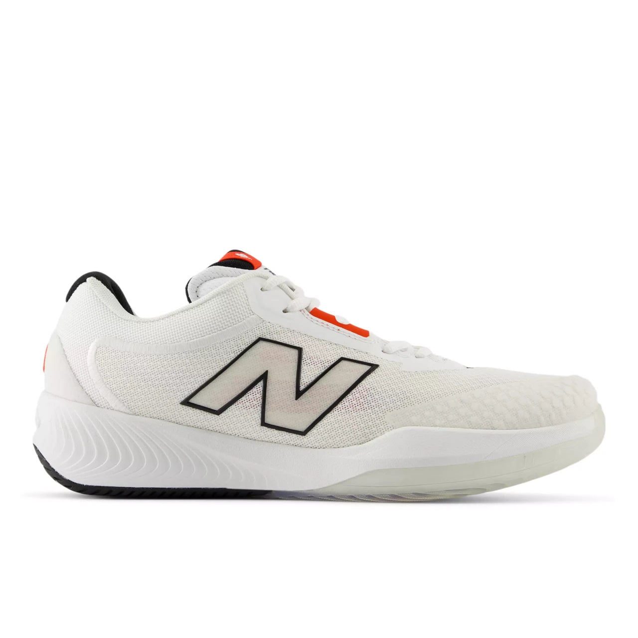 Side view on white background of Mens New Balance FuelCell 996v6 running shoe in White/Black/Team Red, Medium (Regular) width