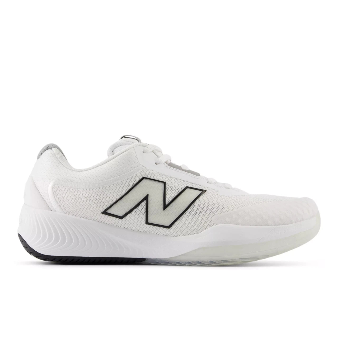 Side view on white background of Womens New Balance FuelCell 996v6 running shoe in White/Black, Medium (Regular) width