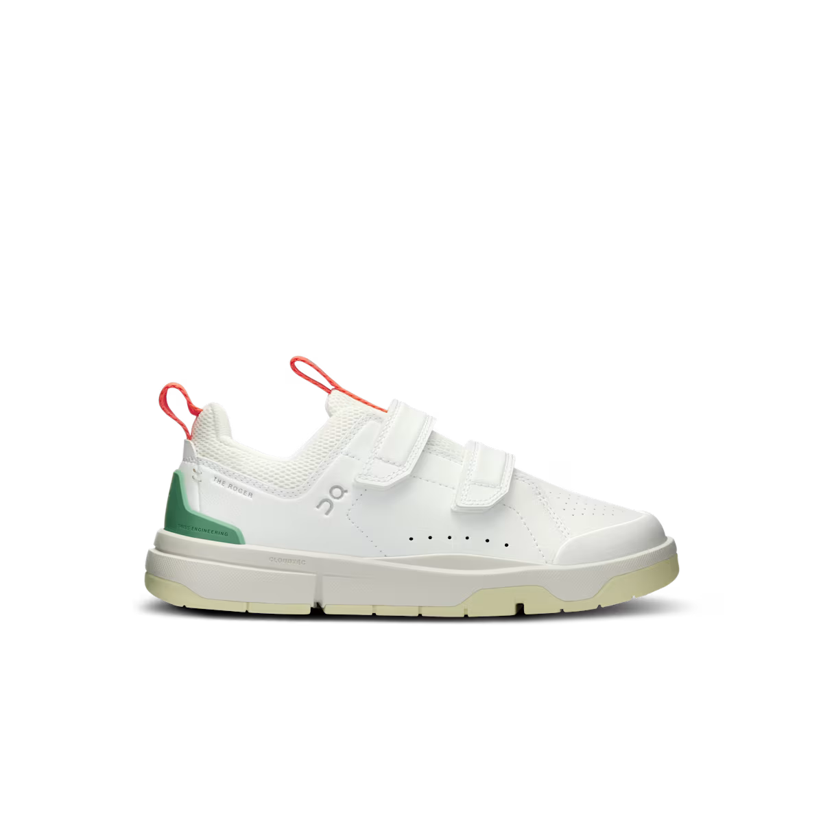 Side view on white background of Kids On  shoe in White/Green, Medium (Regular) width