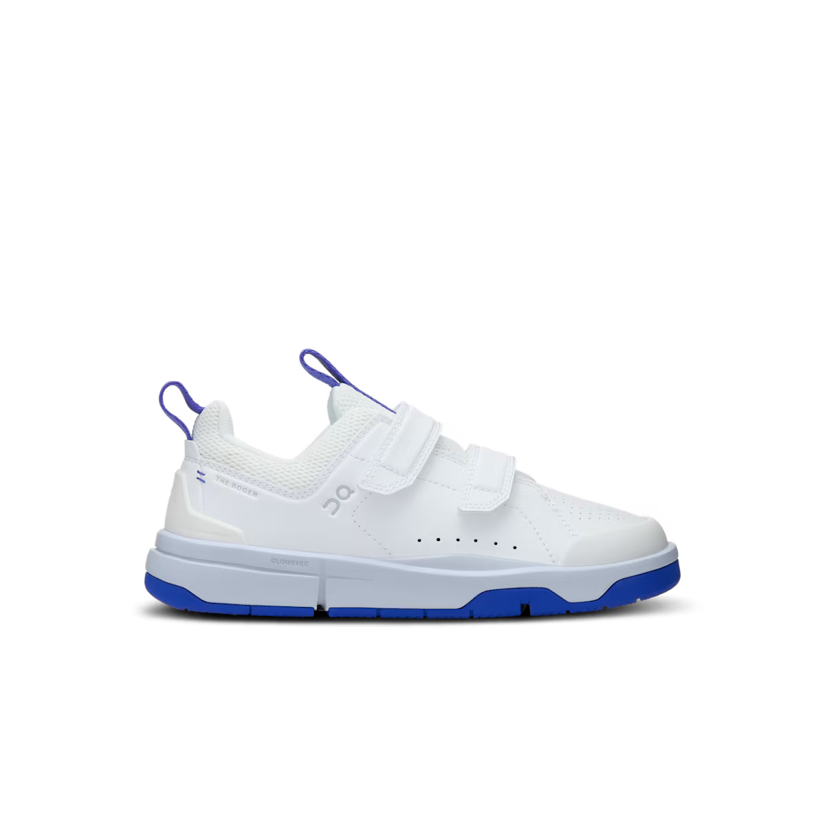 Side view on white background of Kids On  shoe in White/Indigo, Medium (Regular) width