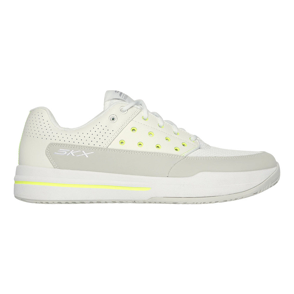 Side view on white background of Mens Skechers Viper Court Luxe running shoe in White/Natural, Medium (Regular) width