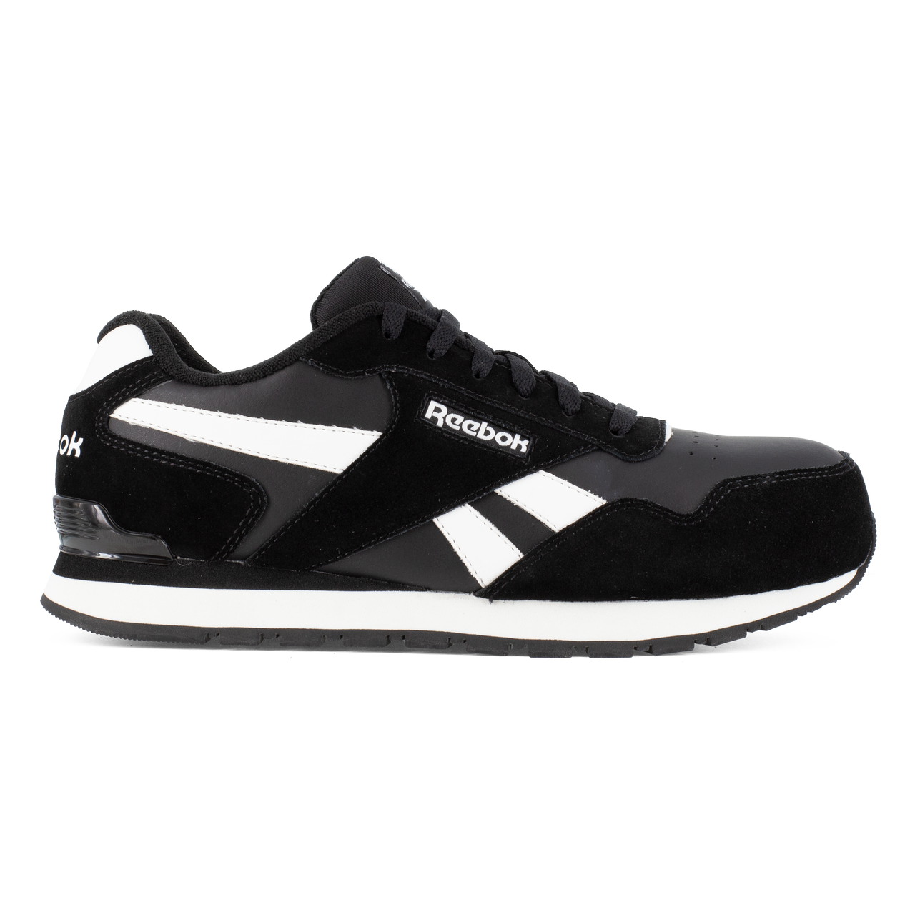 Side view on white background of Mens Reebok Harman Work running shoe in Black/White, Wide width