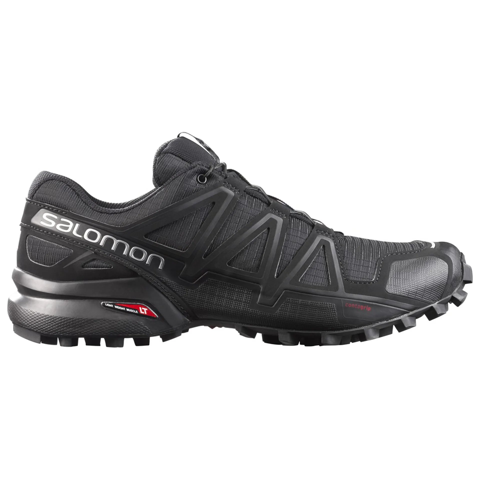 Side view on white background of Mens Salomon Speedcross 4 running shoe in Black/Black/Black Metallic, Medium (Regular) width