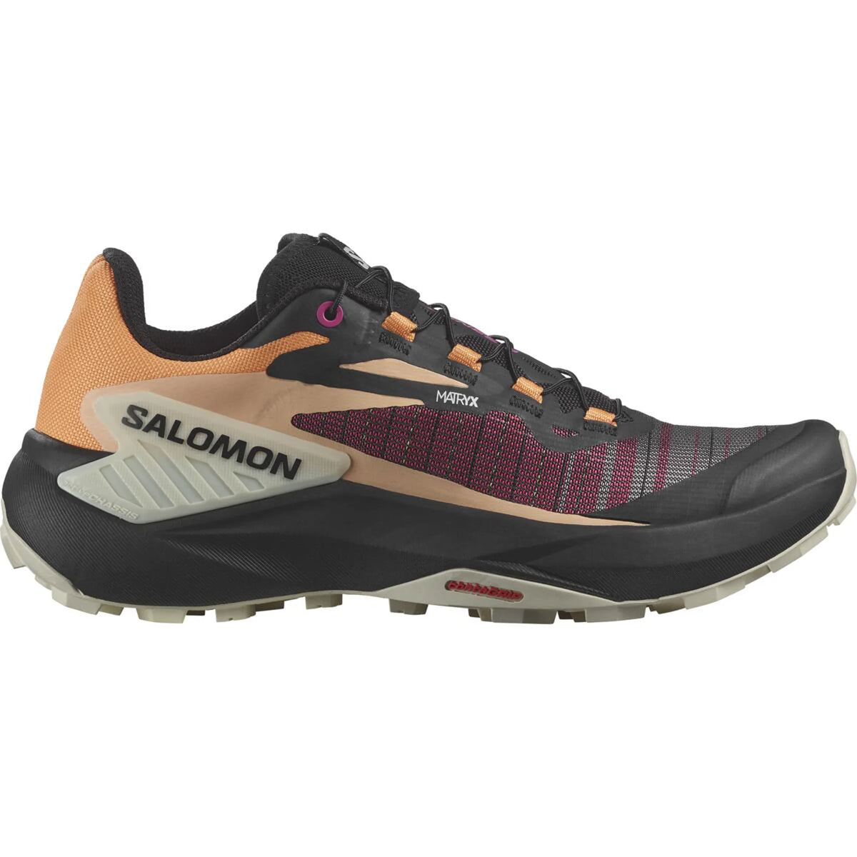 Side view on white background of Womens Salomon Genesis running shoe in Bird Of Paradise/Black/Almond Milk, Medium (Regular) width