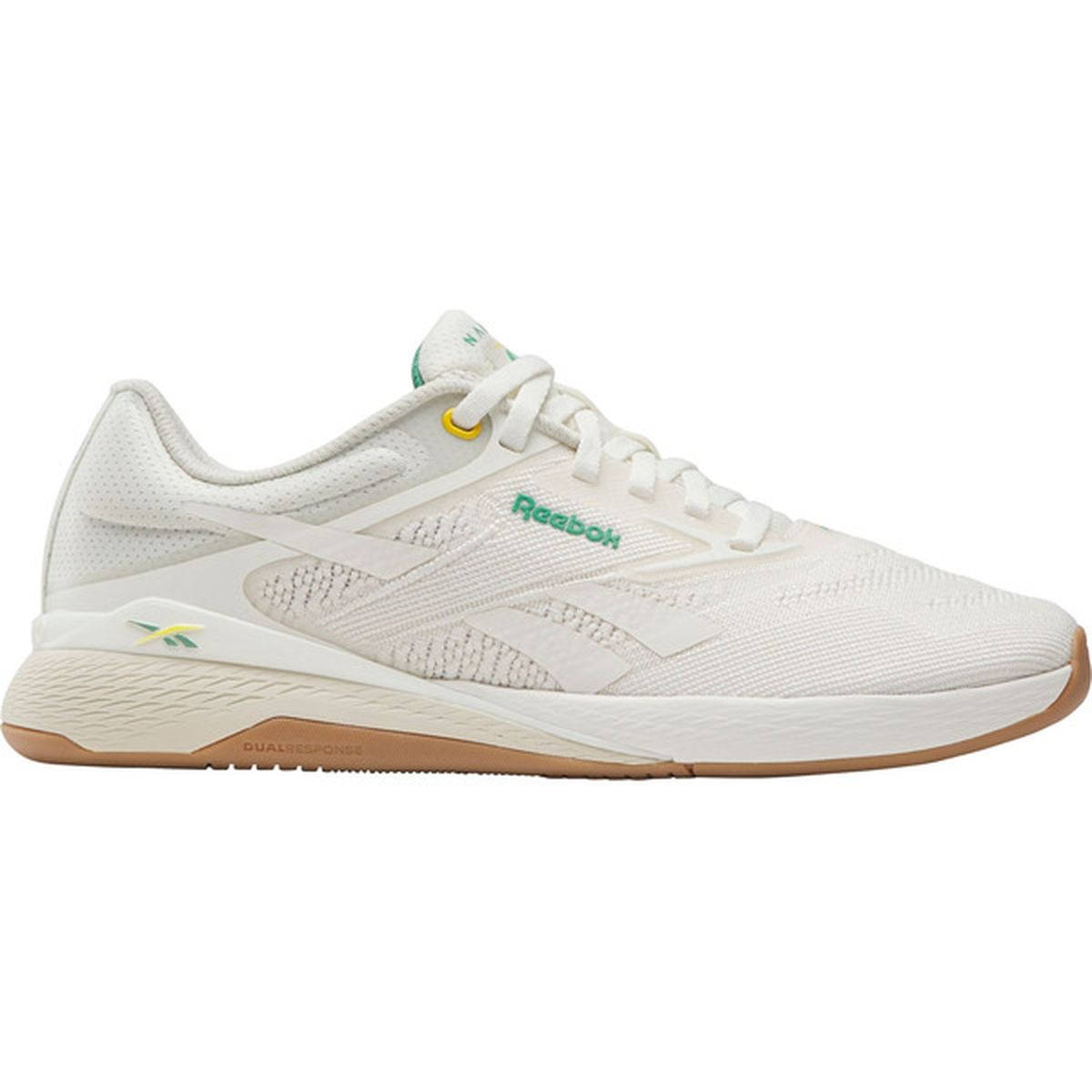Side view on white background of Womens Reebok Nano X5 running shoe in Chalk/Alabaster/Upgrade Green, Medium (Regular) width