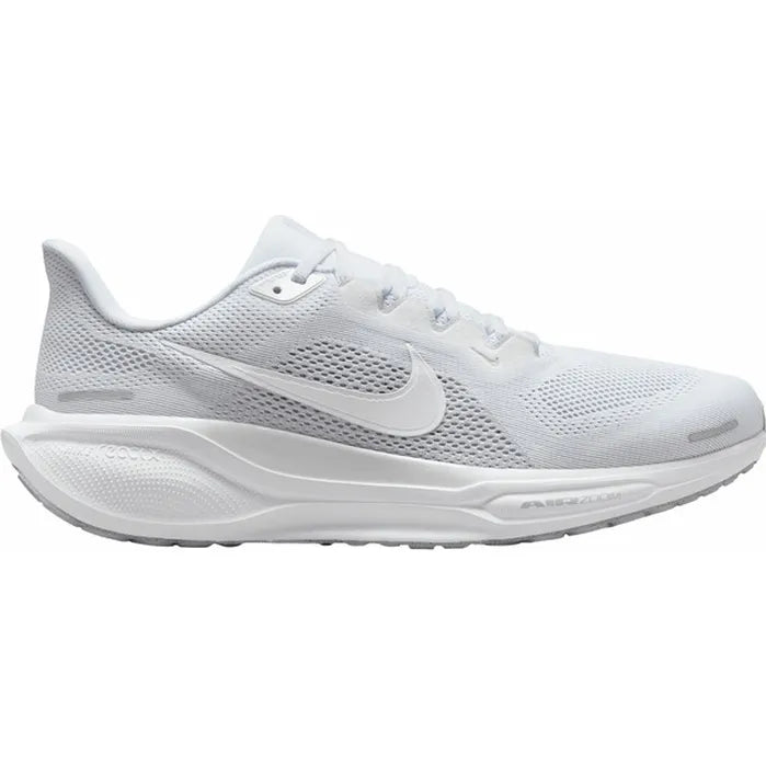 Side view on white background of Womens Nike Pegasus 41 running shoe in White/White-Pure Platinum, Medium (Regular) width