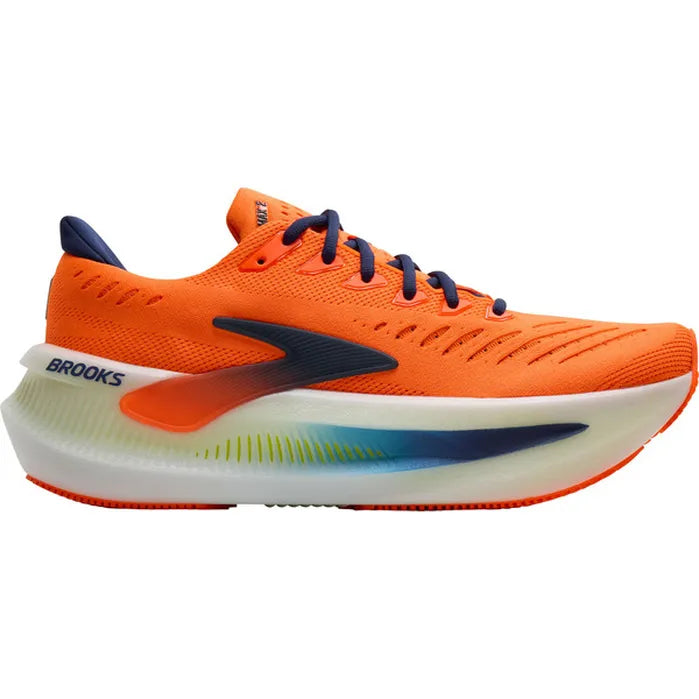 Side view on white background of Mens Brooks Glycerin Max 2 running shoe in Orange/Beacon Blue/Nightlife, Medium (Regular) width