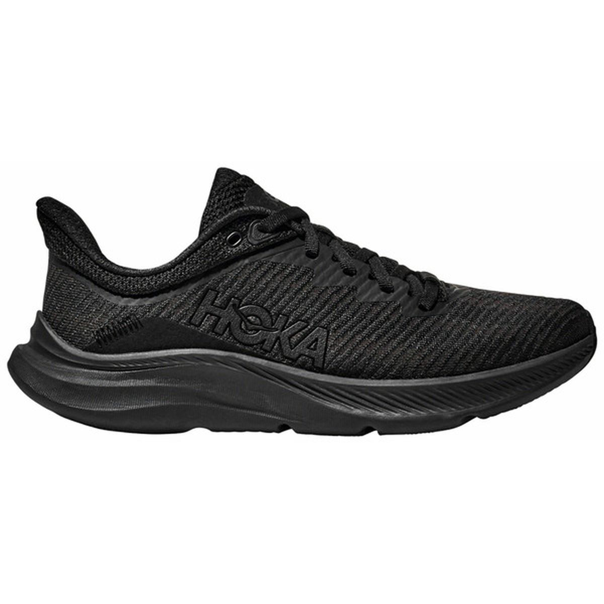 Side view on white background of Womens Hoka Solimar running shoe in Black/Black, Medium (Regular) width