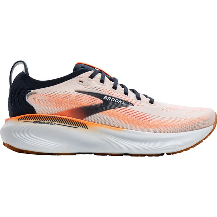 Side view on white background of Mens Brooks Adrenaline GTS 25 running shoe in White/Spellbound/Orange, Medium (Regular) width