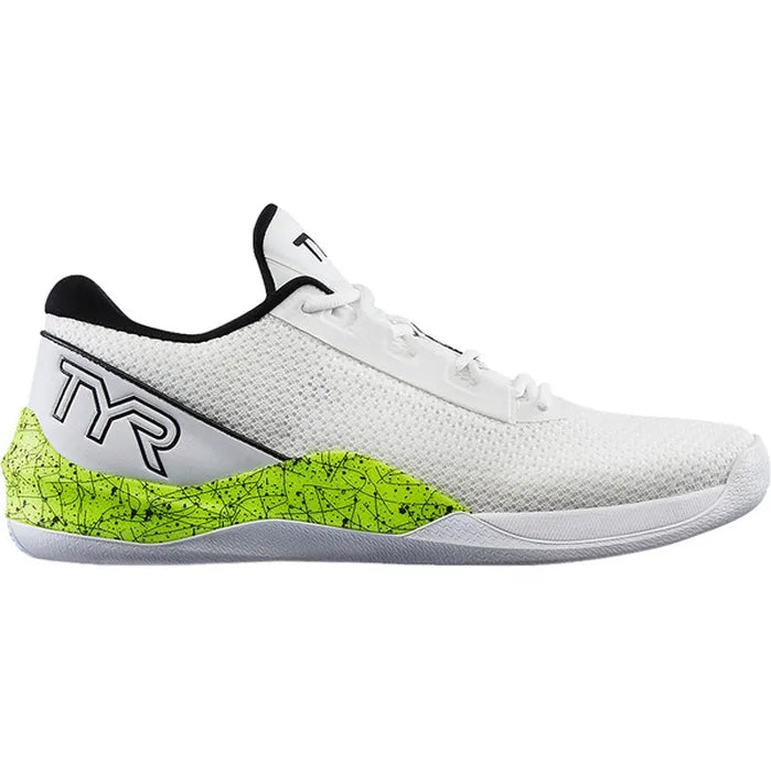 Side view on white background of Mens TYR CXT-2 running shoe in Lime/Multi, Medium (Regular) width