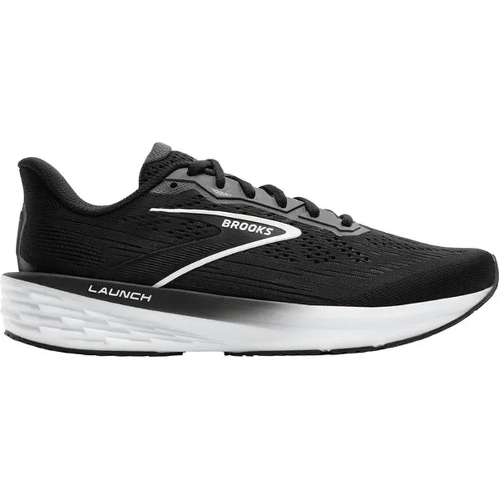 Side view on white background of Womens Brooks Launch 12 running shoe in Black/Grey/White, Medium (Regular) width
