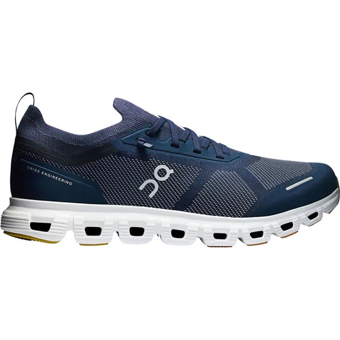 Side view on white background of Mens On Cloud 6 Versa running shoe in Midnight/Lense, Medium (Regular) width