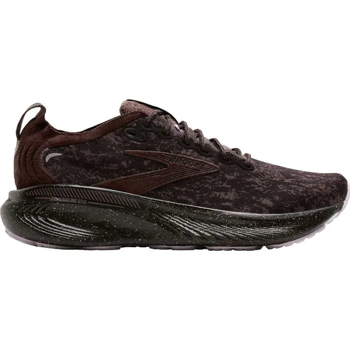 Side view on white background of Womens Brooks Adrenaline GTS 25 running shoe in Plum/Raisin/Ganache, Medium (Regular) width