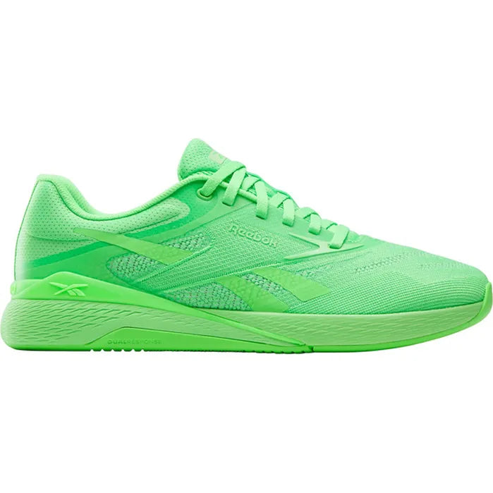 Side view on white background of Mens Reebok Nano X5 running shoe in Solar Lime, Medium (Regular) width