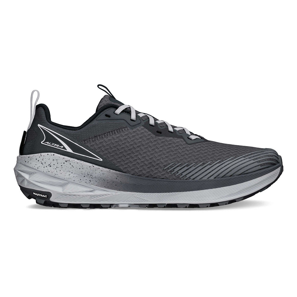 Side view on white background of Mens Altra Experience Wild 2 running shoe in Gray, Medium (Regular) width