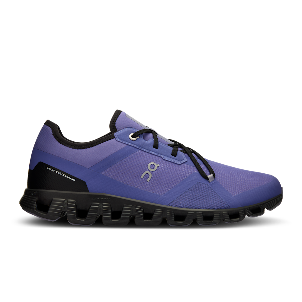 Side view on white background of Mens On Cloud X 3 AD running shoe in Blueberry/Black, Medium (Regular) width
