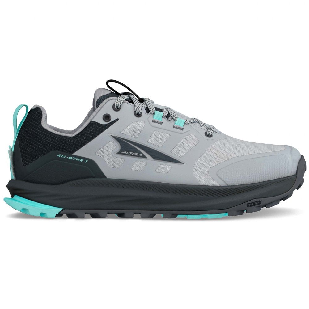 Side view on white background of Womens Altra Lone Peak 9 Waterproof Low running shoe in Black/Gray, Medium (Regular) width