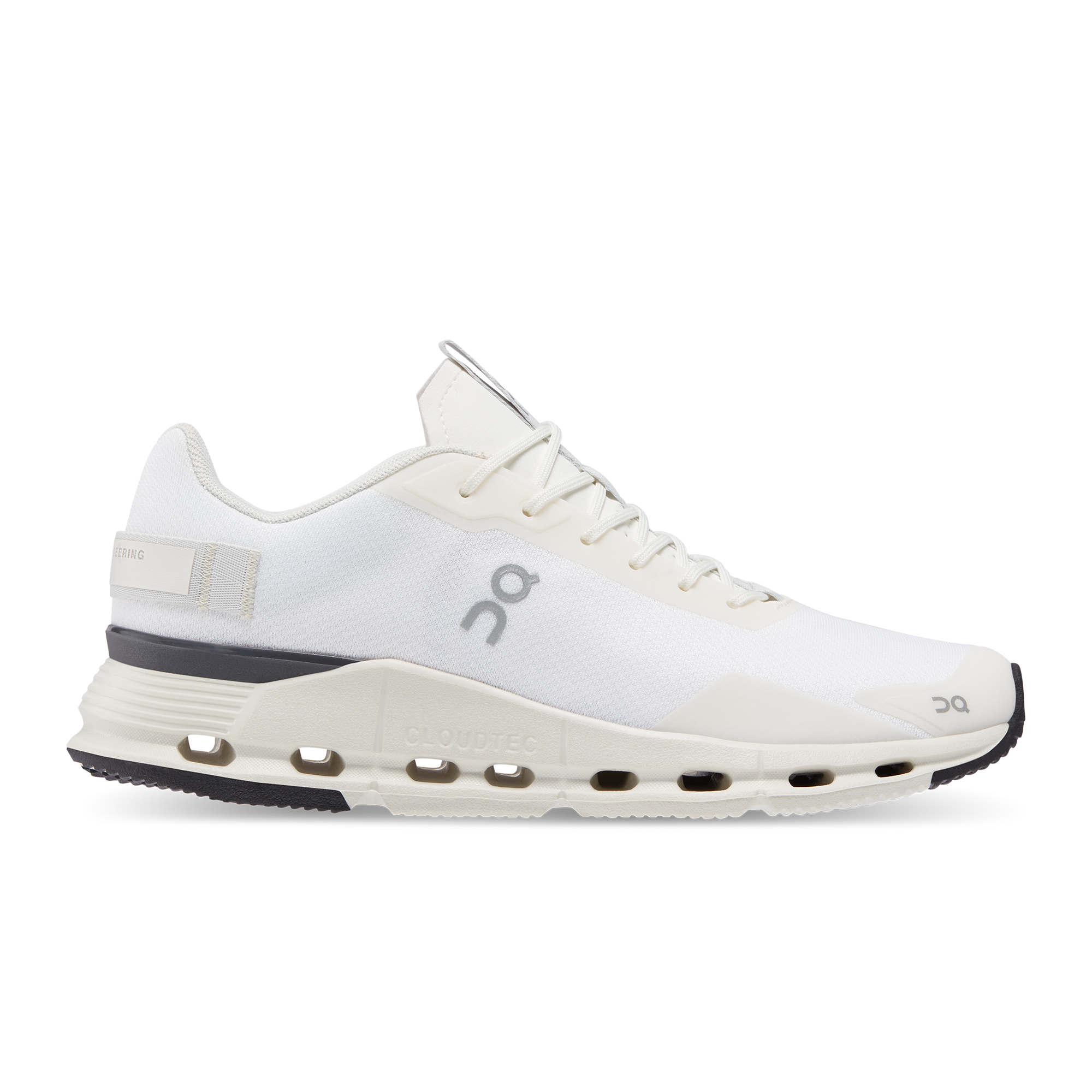 Side view on white background of Womens On Cloudnova Form running shoe in White/Eclipse, Medium (Regular) width