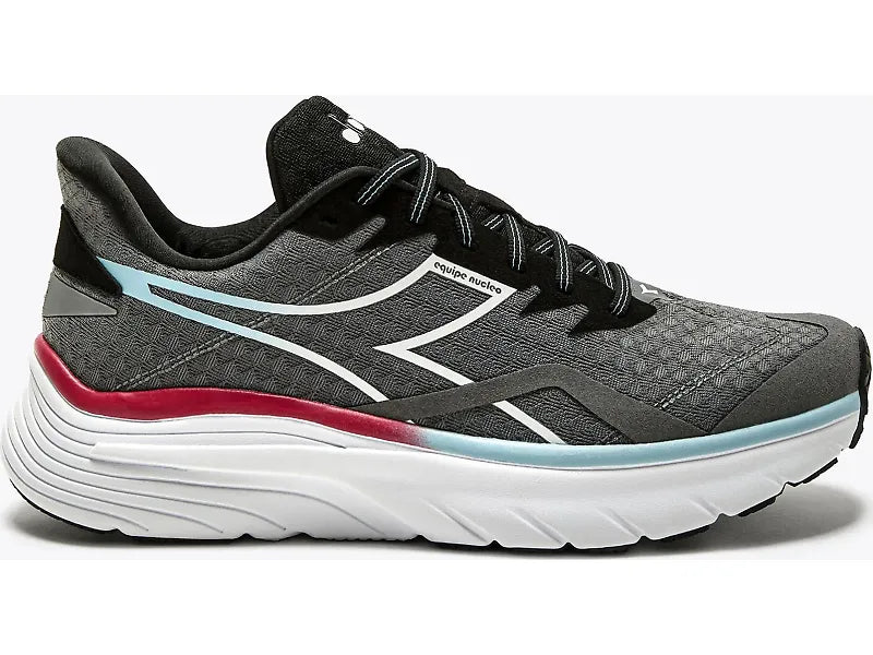 Side view on white background of Mens Diadora Equipe Nucleo running shoe in Steel Gray/White/Black, Medium (Regular) width