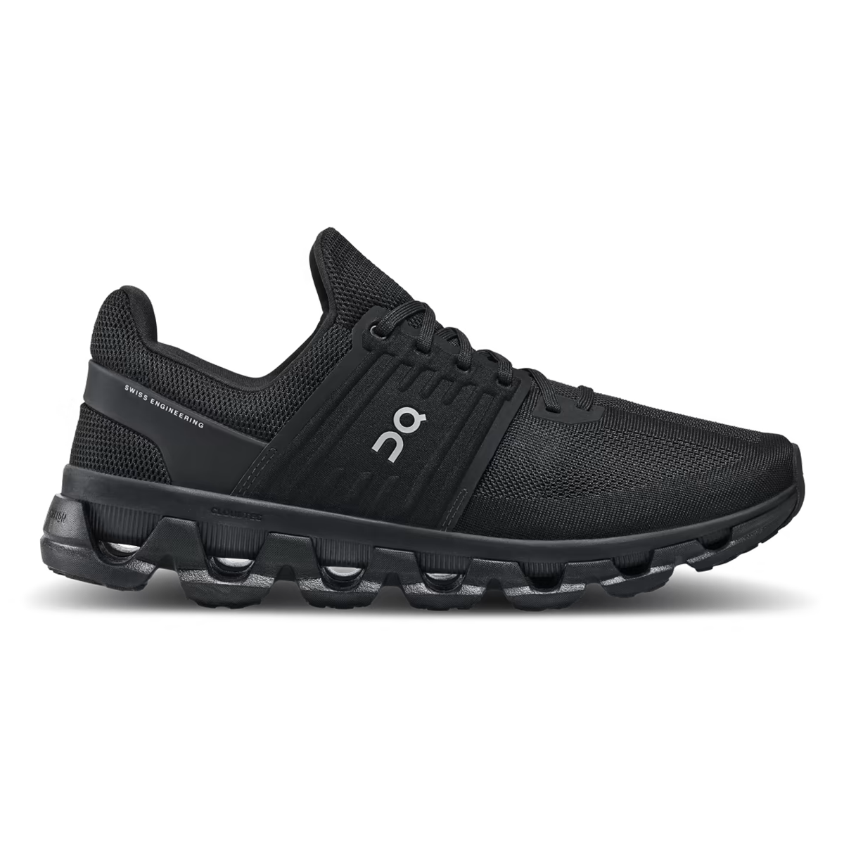 Side view on white background of Mens On Cloudswift 3 AD running shoe in All Black, Medium (Regular) width