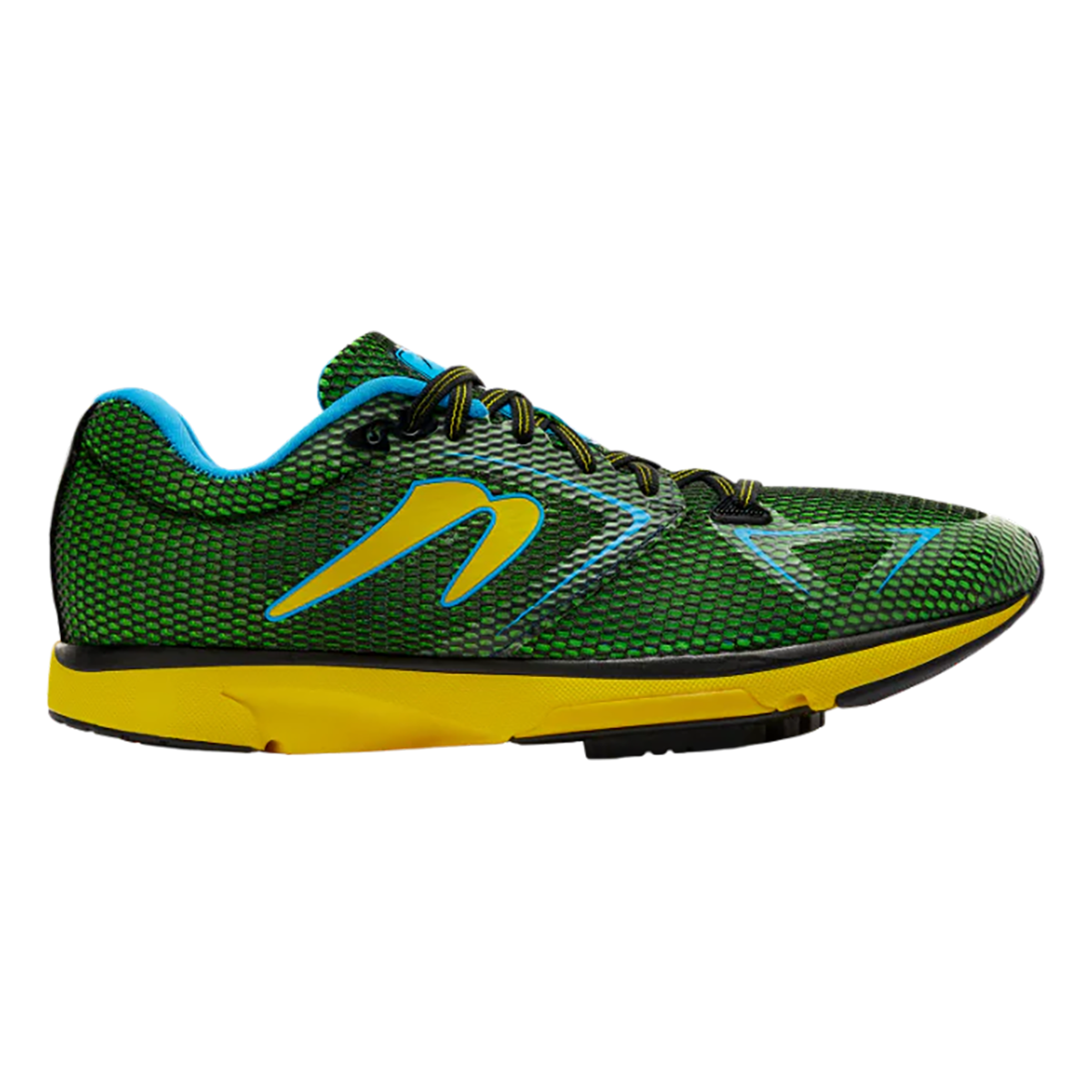 Side view on white background of Mens Newton Running Distance S 12 running shoe in Forest Green/Yellow, Medium (Regular) width