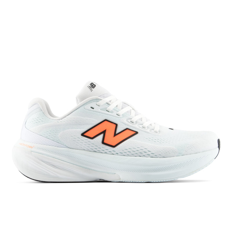Side view on white background of Mens New Balance Fresh Foam X 860v15 running shoe in White/Tangerine Heat/Glint Blue, Wide width