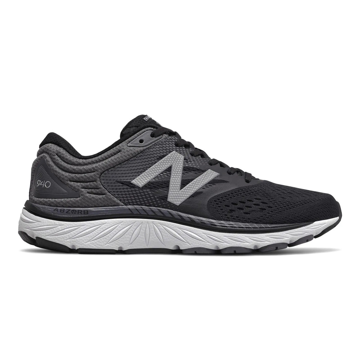 Side view on white background of Mens New Balance 940v4 running shoe in Black/Magnet, Medium (Regular) width