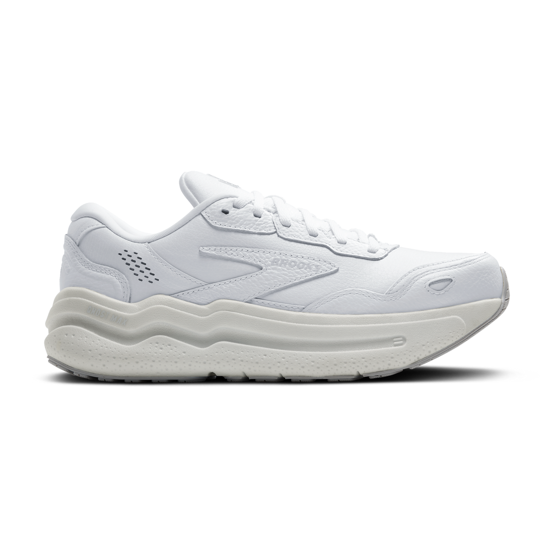 Side view on white background of Mens Brooks Ghost Max L running shoe in White/White, Wide width