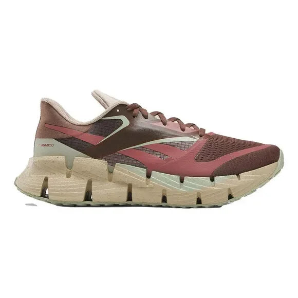 Side view on white background of Mens Reebok Floatzig 1 running shoe in Mahogany/Sedona Rose/Vintage Green, Medium (Regular) width