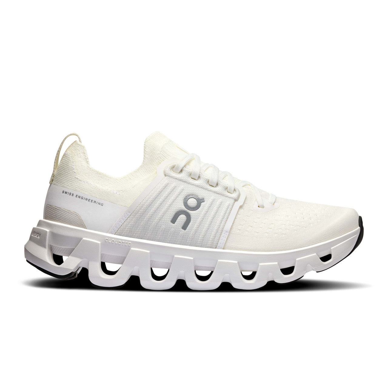 Side view on white background of Womens On Cloudswift 4 AD running shoe in White/White, Medium (Regular) width