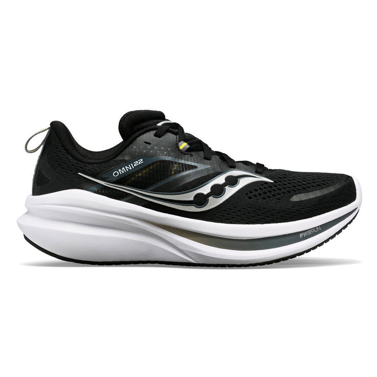 Side view on white background of Womens Saucony Omni 22 running shoe in Black/White, Wide width