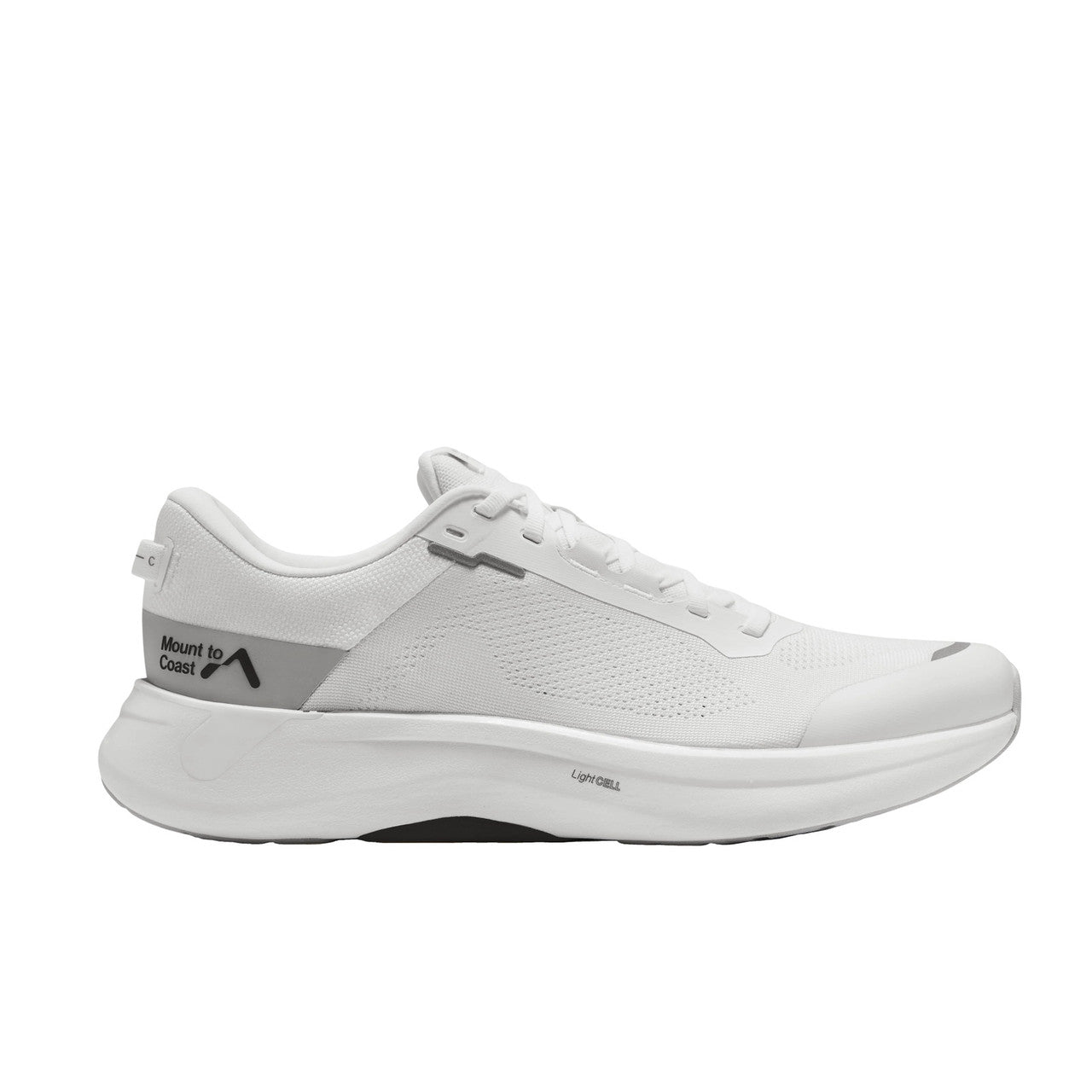 Side view on white background of Womens Mount To Coast S1 running shoe in White, Medium (Regular) width