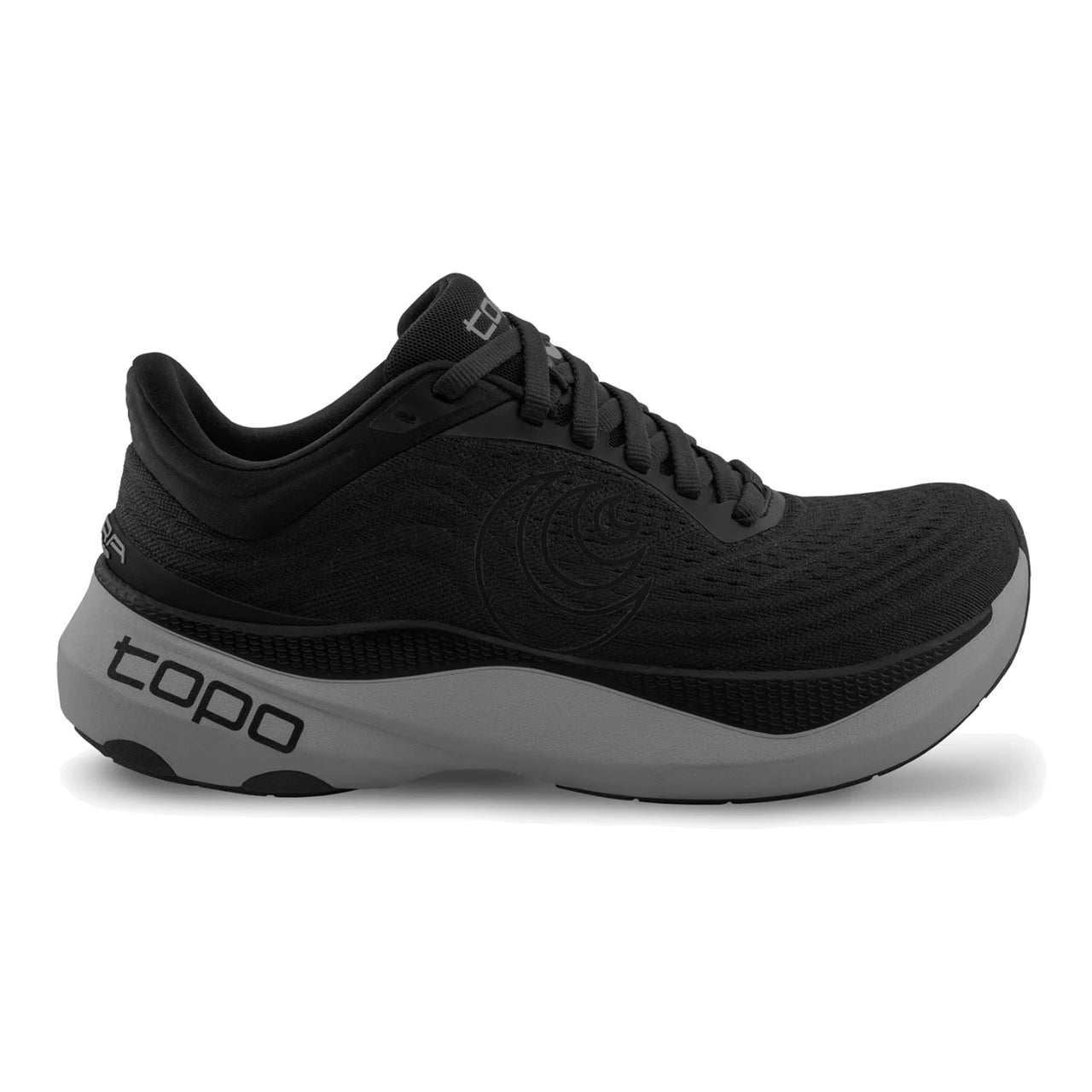Side view on white background of Mens Topo Athletic Aura running shoe in Black/Charcoal, Medium (Regular) width