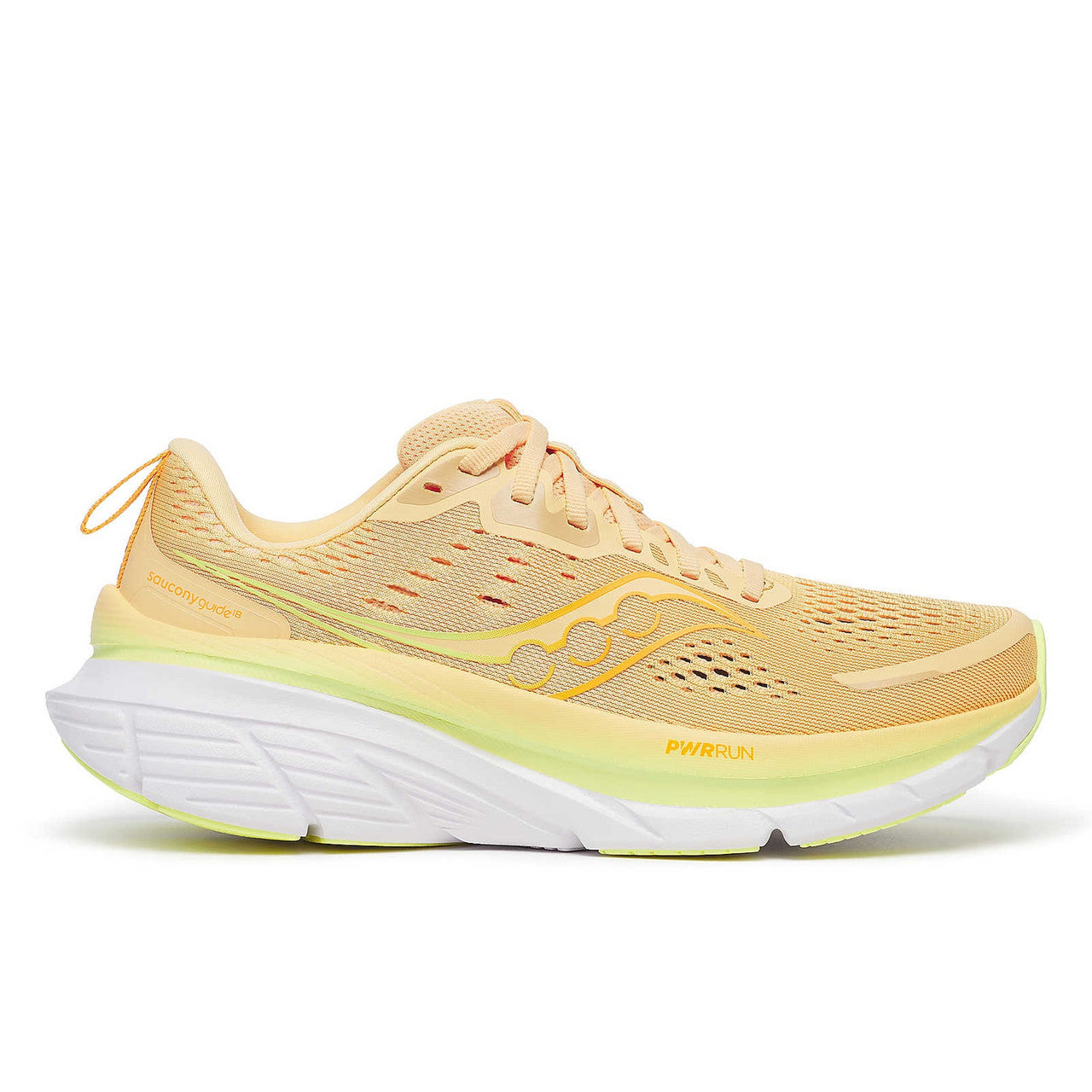 Side view on white background of Womens Saucony Guide 18 running shoe in Peach/Sunny, Medium (Regular) width
