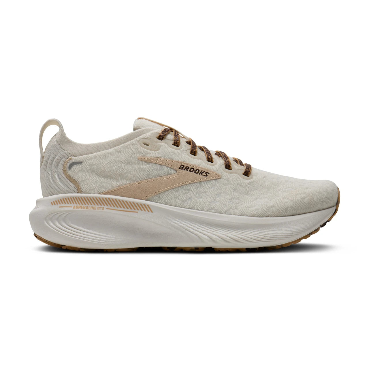 Side view on white background of Womens Brooks Adrenaline GTS 25 running shoe in Coconut/Tofu/Creme, Medium (Regular) width